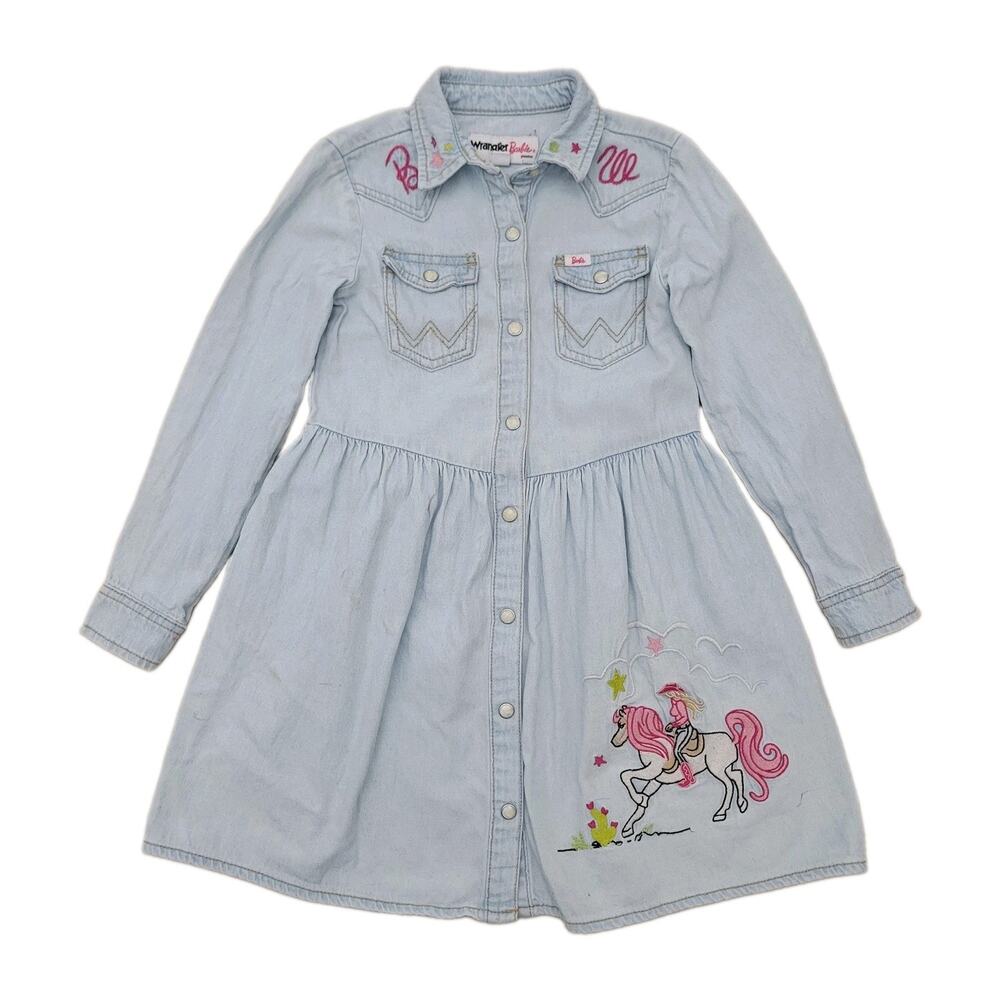 Wrangler X Barbie Dress Denim Embroidered Pearl Snap Girls Small Cowgirl